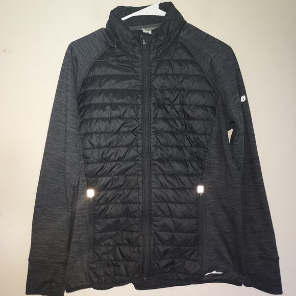 Eddie Bauer Womens Quilted Jacket XL Primaloft Hybrid Hidden Hood Black - Picture 1 of 10